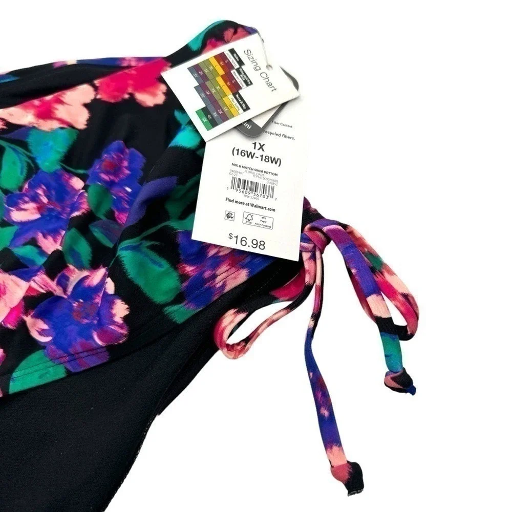 Time and Tru Womens Plus 1X‎ Floral High Waist Bikini Bottom Black Pink Purple